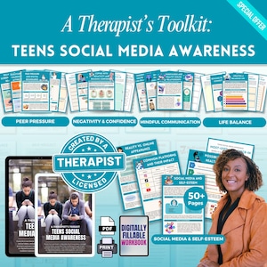 Puede incluir: Un kit de herramientas para terapeutas: cuaderno de trabajo sobre la concienciación de los adolescentes sobre las redes sociales. El diseño turquesa y blanco presenta varias páginas con temas como la presión de los compañeros, el equilibrio vital y la autoestima en las redes sociales.