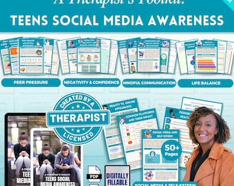 Social Media Mega Bundle Workbook, Teen Social Media Awareness, Therapy Worksheets, Screen Time Awareness, Peer Pressure