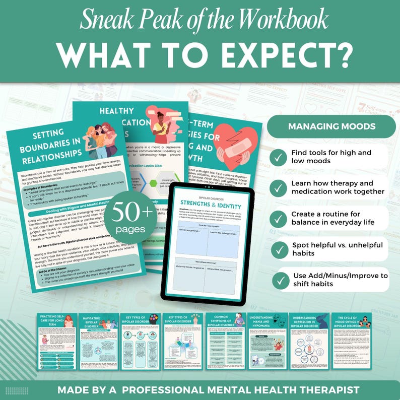 Puede incluir: Vista previa de un cuaderno de trabajo titulado "WHAT TO EXPECT?" con p&aacute;ginas sobre l&iacute;mites en las relaciones, comunicaci&oacute;n saludable y estrategias a largo plazo. Una tableta muestra una p&aacute;gina sobre fortalezas e identidad. El cuaderno, con m&aacute;s de 50 p&aacute;ginas, es creado por un terapeuta de salud mental.