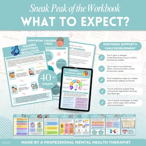 Pode incluir: Uma pr&eacute;via de um livro de exerc&iacute;cios com o t&iacute;tulo "WHAT TO EXPECT?". A imagem mostra v&aacute;rias p&aacute;ginas com texto e gr&aacute;ficos sobre apoio emocional e desenvolvimento infantil. Um tablet exibe uma p&aacute;gina intitulada "CHILDREN'S EMOTIONAL NEEDS". O livro de exerc&iacute;cios tem mais de 40 p&aacute;ginas.