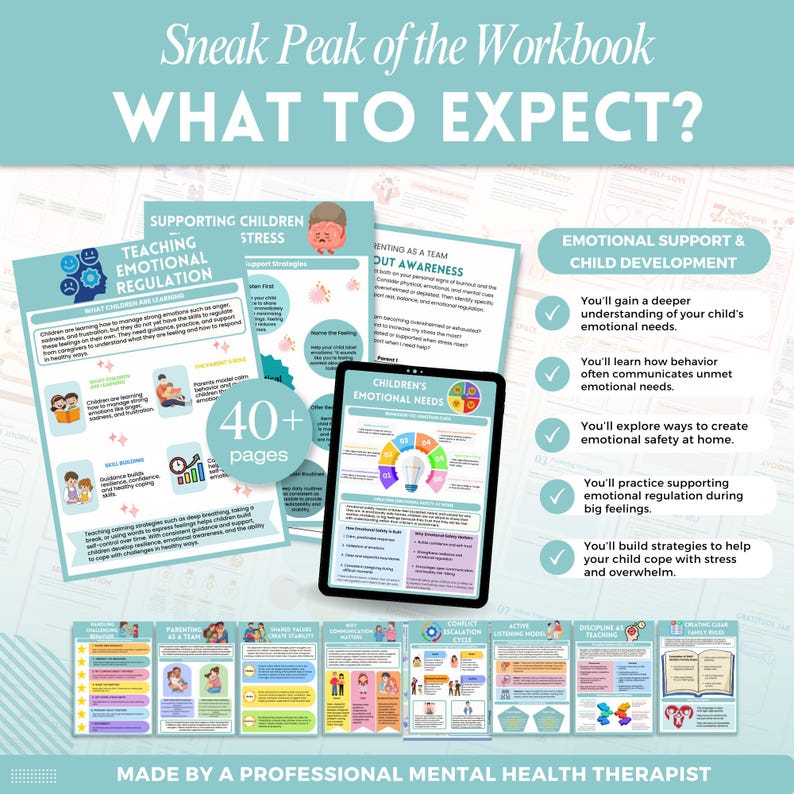 Pode incluir: Uma pr&eacute;via de um livro de exerc&iacute;cios com o t&iacute;tulo "WHAT TO EXPECT?". A imagem mostra v&aacute;rias p&aacute;ginas com texto e gr&aacute;ficos sobre apoio emocional e desenvolvimento infantil. Um tablet exibe uma p&aacute;gina intitulada "CHILDREN'S EMOTIONAL NEEDS". O livro de exerc&iacute;cios tem mais de 40 p&aacute;ginas.