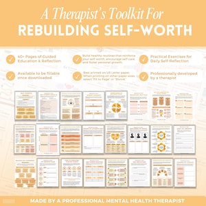 Puede incluir: Un kit de herramientas digital titulado A Therapist's Toolkit For REBUILDING SELF-WORTH, que incluye m&aacute;s de 40 p&aacute;ginas de educaci&oacute;n guiada, ejercicios de reflexi&oacute;n y formularios rellenables. El documento contiene varias hojas de trabajo en tonos melocot&oacute;n y blanco.