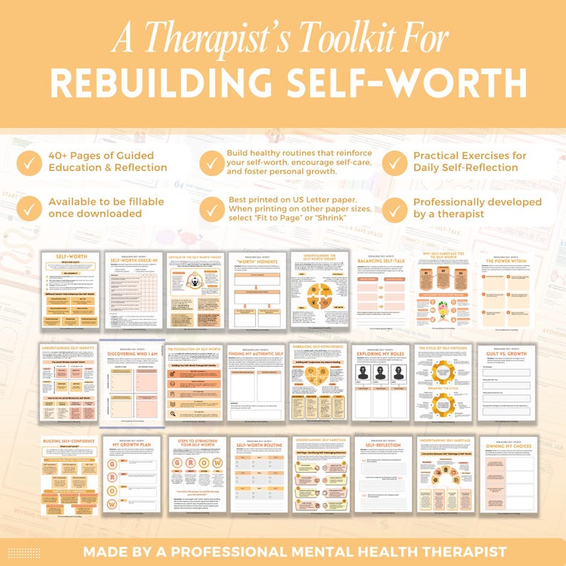 Puede incluir: Un kit de herramientas digital titulado A Therapist's Toolkit For REBUILDING SELF-WORTH, que incluye m&aacute;s de 40 p&aacute;ginas de educaci&oacute;n guiada, ejercicios de reflexi&oacute;n y formularios rellenables. El documento contiene varias hojas de trabajo en tonos melocot&oacute;n y blanco.