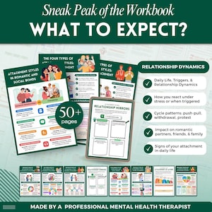 May include: A workbook with the title "WHAT TO EXPECT?" features pages on relationship dynamics, attachment styles, and relationship mirrors. The workbook includes over 50 pages and is made by a professional mental health therapist.