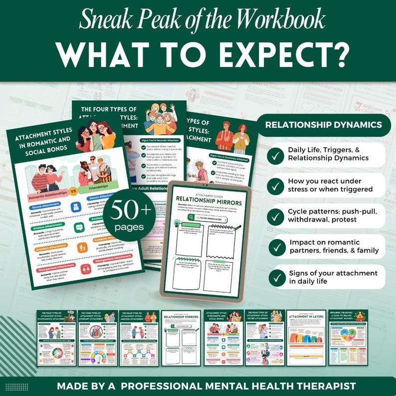 May include: A workbook with the title "WHAT TO EXPECT?" features pages on relationship dynamics, attachment styles, and relationship mirrors. The workbook includes over 50 pages and is made by a professional mental health therapist.