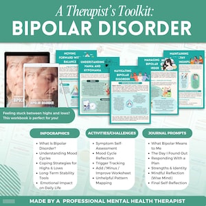Puede incluir: Un cuaderno de trabajo titulado "Bipolar Disorder" con infograf&iacute;as, actividades y indicaciones de diario. La portada presenta una tableta y un tel&eacute;fono con el t&iacute;tulo. El cuaderno incluye temas como ciclos de estado de &aacute;nimo, estrategias de afrontamiento y autorreflexi&oacute;n.