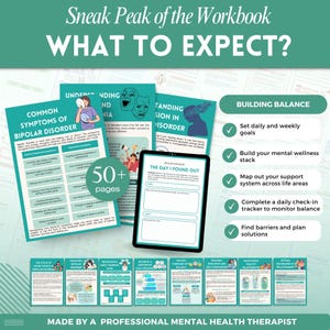 Puede incluir: Un cuaderno de trabajo turquesa y blanco titulado "&iquest;QU&Eacute; ESPERAR?" con el texto "Sneak Peak of the Workbook" en la parte superior. El cuaderno de trabajo incluye p&aacute;ginas sobre el trastorno bipolar, la construcci&oacute;n del equilibrio y las rutinas diarias. El cuaderno de trabajo tiene m&aacute;s de 50 p&aacute;ginas.