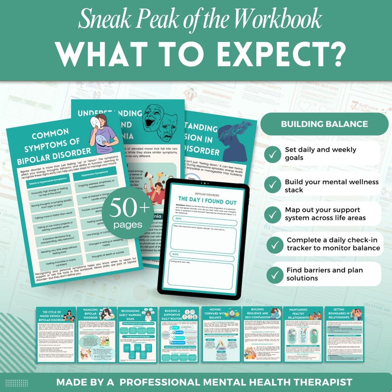 Puede incluir: Un cuaderno de trabajo turquesa y blanco titulado "&iquest;QU&Eacute; ESPERAR?" con el texto "Sneak Peak of the Workbook" en la parte superior. El cuaderno de trabajo incluye p&aacute;ginas sobre el trastorno bipolar, la construcci&oacute;n del equilibrio y las rutinas diarias. El cuaderno de trabajo tiene m&aacute;s de 50 p&aacute;ginas.