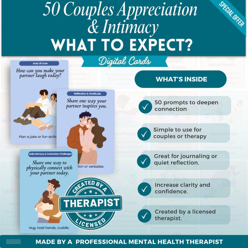 Puede incluir: Tarjetas digitales para parejas, tituladas "50 Couples Appreciation & Intimacy", con preguntas. Las tarjetas muestran ilustraciones de parejas y texto como "Actos de amor" y "Reflexi&oacute;n y gratitud". Creado por un terapeuta licenciado.