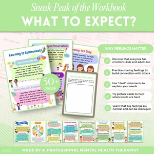 Puede incluir: Un cuaderno de trabajo para ni&ntilde;os titulado "&iquest;QU&Eacute; ESPERAR?" con m&aacute;s de 50 p&aacute;ginas, centrado en la alfabetizaci&oacute;n emocional. Los temas incluyen expresar necesidades, conversaciones sencillas y el uso de tarjetas con im&aacute;genes. Hecho por un terapeuta.