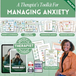 Kit de herramientas para la ansiedad del terapeuta, manejo de la ansiedad, hojas de trabajo terapéuticas, habilidades de afrontamiento, atención plena, cuaderno de ejercicios de salud mental, conexión a tierra