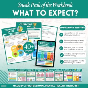 K&ouml;nnte beinhalten: Ein Werbebild f&uuml;r ein Arbeitsbuch mit dem Titel "Sneak Peak of the Workbook: What to Expect?" Es werden mehrere Seiten gezeigt, darunter "The Seasons of Life" und "Learning About Reset Signals". Das Arbeitsbuch hat &uuml;ber 40 Seiten und wurde von einem professionellen Psychotherapeuten erstellt.