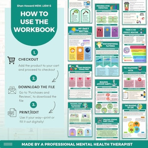 K&ouml;nnte beinhalten: Ein t&uuml;rkis-wei&szlig;es Arbeitsbuch mit dem Titel &bdquo;How to Use the Workbook&ldquo; mit Anweisungen zum Bezahlen, Herunterladen und Drucken/Bearbeiten. Das Bild enth&auml;lt mehrere farbenfrohe Infografiken zu Themen wie Tagesrhythmus und Gewohnheiten.