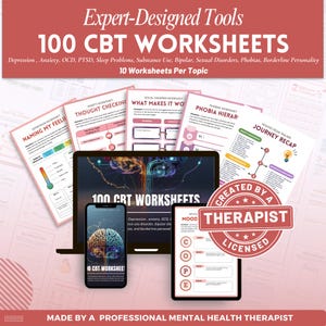 CBT Worksheets a mental health digital and fillable workbook created by a licensed mental health therapist.