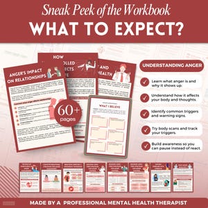May include: A workbook preview with the title "WHAT TO EXPECT?" in white text on a red background. The workbook covers anger management, with sections on relationships, health, and understanding anger. The image includes the text "60+ pages."