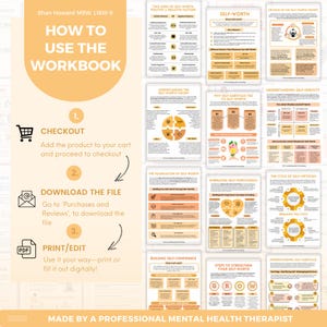 Puede incluir: Una gu&iacute;a de libro de trabajo digital con una barra lateral naranja claro titulada How to Use the Workbook, que muestra tres pasos con iconos para pago, descarga e impresi&oacute;n. El &aacute;rea principal muestra doce p&aacute;ginas de hojas de trabajo.