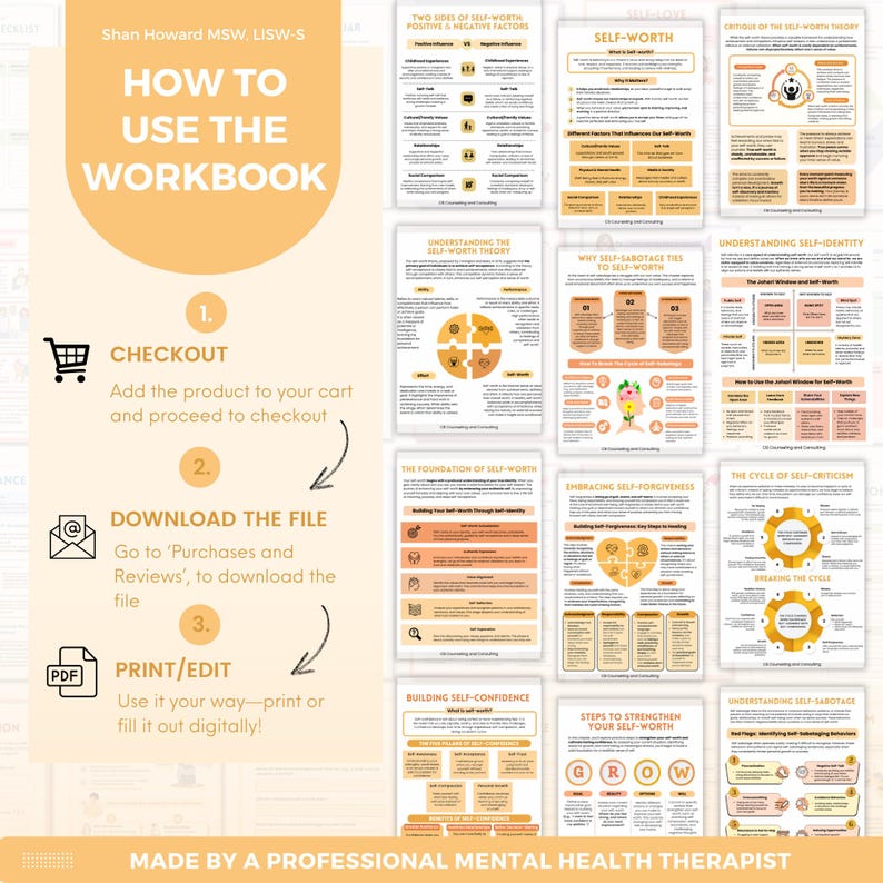 Puede incluir: Una gu&iacute;a de libro de trabajo digital con una barra lateral naranja claro titulada How to Use the Workbook, que muestra tres pasos con iconos para pago, descarga e impresi&oacute;n. El &aacute;rea principal muestra doce p&aacute;ginas de hojas de trabajo.