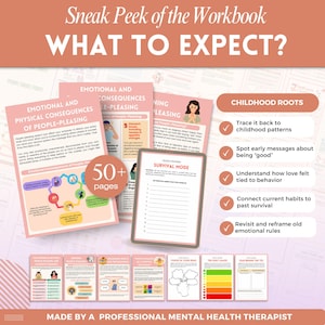 Puede incluir: Una vista previa de un cuaderno de trabajo titulado "WHAT TO EXPECT?" (&iquest;QU&Eacute; ESPERAR?). La imagen muestra p&aacute;ginas sobre temas como "Consecuencias emocionales y f&iacute;sicas de complacer a los dem&aacute;s" y "Modo de supervivencia". El cuaderno, con m&aacute;s de 50 p&aacute;ginas, es creado por un terapeuta.
