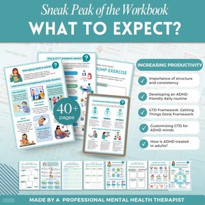 Increase productivity with ADHD a mental health digital and fillable workbook created by a licensed mental health therapist.