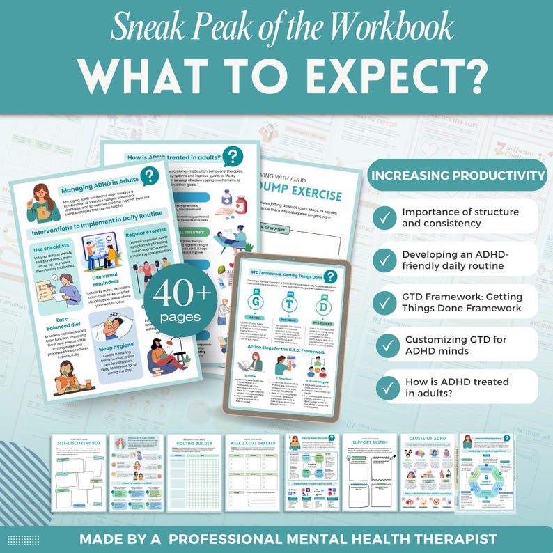 Increase productivity with ADHD a mental health digital and fillable workbook created by a licensed mental health therapist.