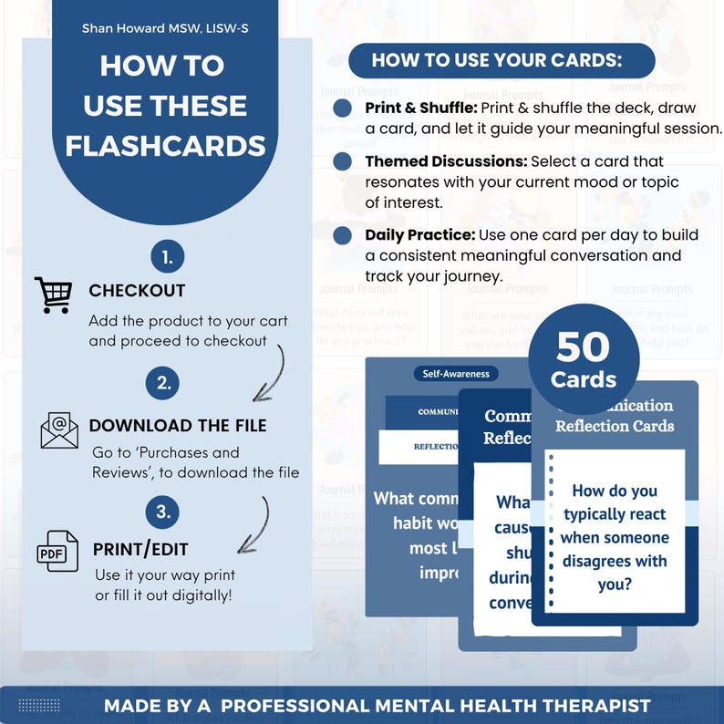 May include: A digital instructional graphic for a set of 50 Communication Reflection Cards by Shan Howard MSW, LISW-S. It outlines a three-step process for checkout, download, and printing, alongside instructions on how to use the cards for daily practice.