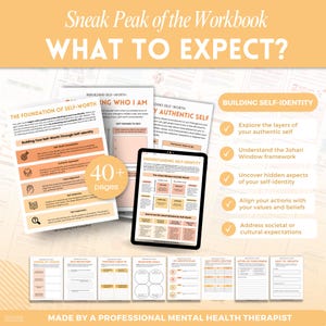Puede incluir: Un libro de trabajo digital titulado Sneak Peak of the Workbook WHAT TO EXPECT con p&aacute;ginas sobre autoestima e identidad. El dise&ntilde;o incluye una tableta que muestra el marco de la Ventana de Johari, una insignia de 40+ p&aacute;ginas y hojas.