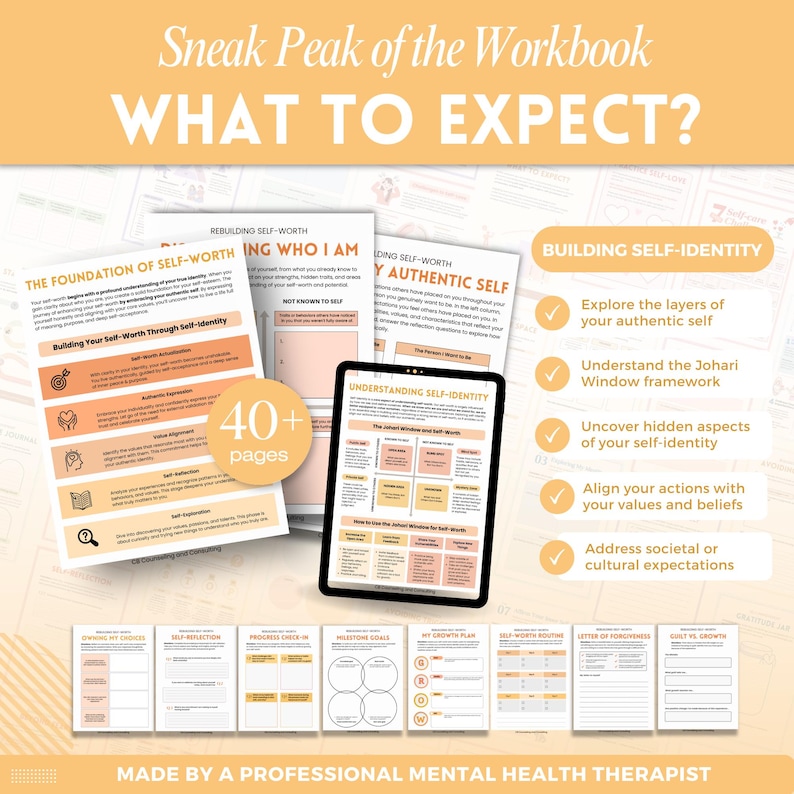 Puede incluir: Un libro de trabajo digital titulado Sneak Peak of the Workbook WHAT TO EXPECT con p&aacute;ginas sobre autoestima e identidad. El dise&ntilde;o incluye una tableta que muestra el marco de la Ventana de Johari, una insignia de 40+ p&aacute;ginas y hojas.