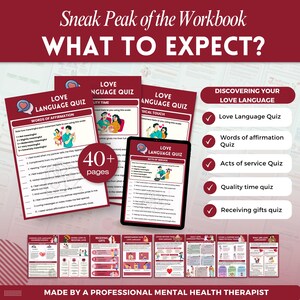 Puede incluir: Una vista previa de un cuaderno de trabajo titulado "WHAT TO EXPECT?" muestra p&aacute;ginas de "Love Language Quiz", incluyendo "Words of Affirmation" y "Acts of Service". El cuaderno, creado por un terapeuta de salud mental, contiene m&aacute;s de 40 p&aacute;ginas.