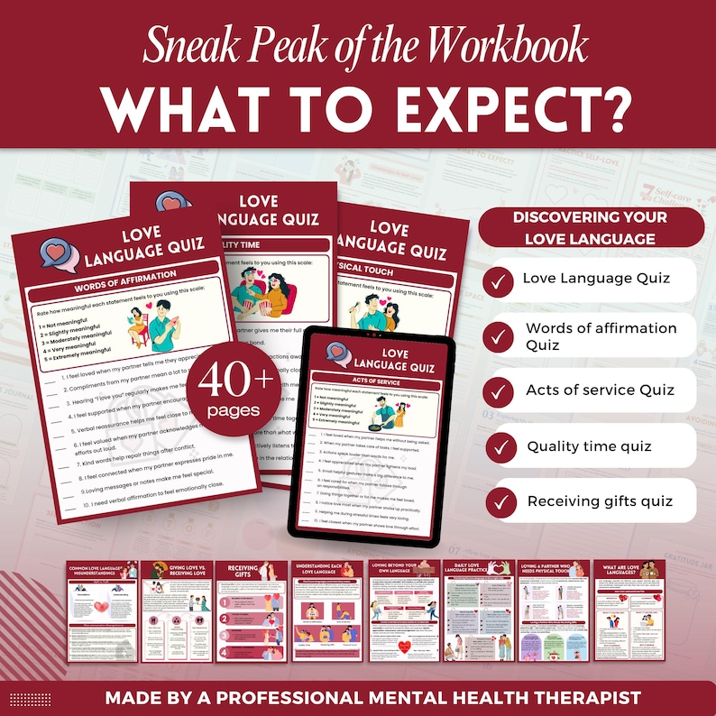 Puede incluir: Una vista previa de un cuaderno de trabajo titulado "WHAT TO EXPECT?" muestra p&aacute;ginas de "Love Language Quiz", incluyendo "Words of Affirmation" y "Acts of Service". El cuaderno, creado por un terapeuta de salud mental, contiene m&aacute;s de 40 p&aacute;ginas.