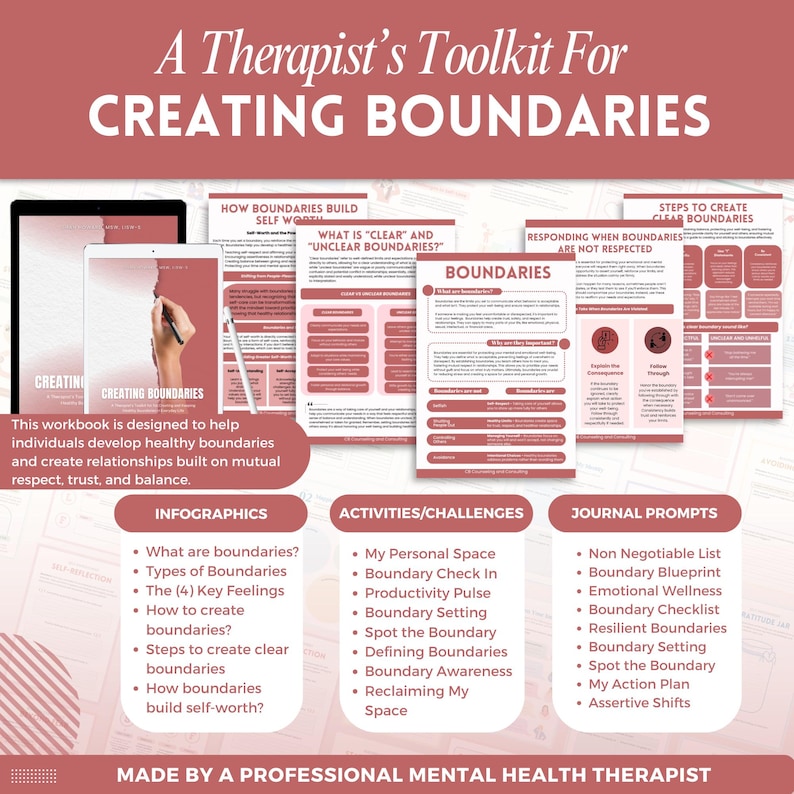 May include: A digital workbook titled A Therapist's Toolkit For CREATING BOUNDARIES, featuring multiple pages with infographics, activities, challenges, and journal prompts. The documents are displayed in a dusty rose color scheme with white text.