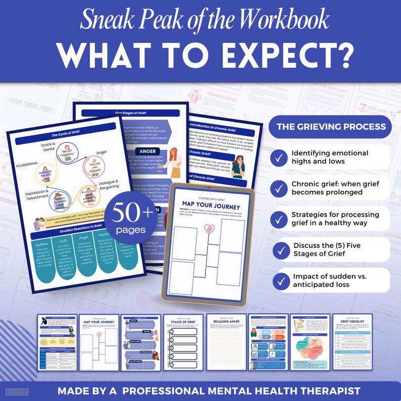 Grief and Loss a mental health digital and fillable workbook created by a licensed mental health therapist.