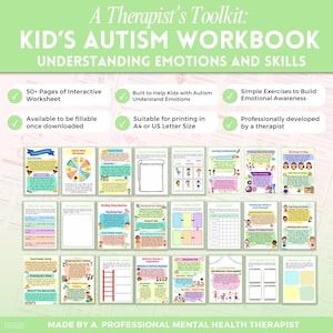 Puede incluir: Un cuaderno de trabajo titulado "Kid's Autism Workbook" con el subt&iacute;tulo "Understanding Emotions and Skills". El cuaderno incluye m&aacute;s de 50 p&aacute;ginas de hojas de trabajo interactivas, dise&ntilde;adas para ayudar a los ni&ntilde;os con autismo a comprender las emociones. Desarrollado por un terapeuta.