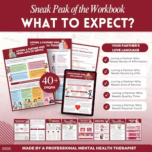 Puede incluir: Vista previa de un cuaderno de trabajo titulado "Sneak Peak of the Workbook: What to Expect?". La imagen muestra p&aacute;ginas sobre lenguajes del amor, incluyendo "Loving a Partner Who Needs Acts of Service". El cuaderno de trabajo tiene m&aacute;s de 40 p&aacute;ginas.