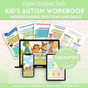 Puede incluir: Un cuaderno de trabajo titulado "Kid's Autism Workbook" con el texto "Understanding Emotions and Skills". La imagen muestra una computadora port&aacute;til, un tel&eacute;fono y una tableta que muestran p&aacute;ginas del cuaderno de trabajo. El cuaderno est&aacute; dise&ntilde;ado por un terapeuta.