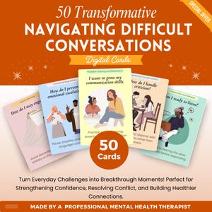 May include: A set of 50 digital cards for navigating difficult conversations. The cards feature titles like "How do I prevent emotional escalation?" and "How do I handle criticism?" The cards are designed to help strengthen confidence and resolve conflict.