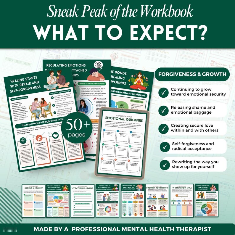 May include: A collection of workbook pages with the title "Sneak Peak of the Workbook: What to Expect?" The pages cover topics like regulating emotions, healing wounds, and forgiveness. The workbook has over 50 pages and is made by a professional mental health therapist.