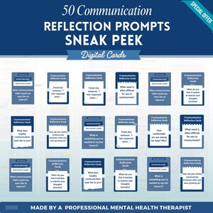 May include: A digital set of 50 communication reflection prompt cards featuring dark blue headers and white text. Each card displays a specific question or sentence starter related to personal communication habits, self-awareness, and emotional expression.