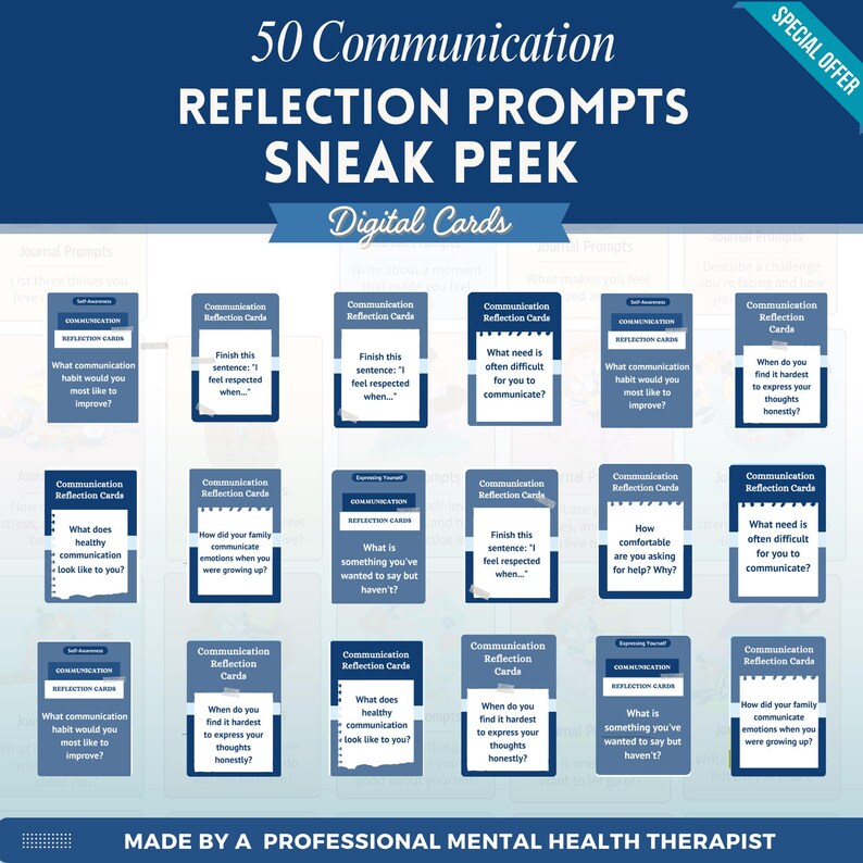 May include: A digital set of 50 communication reflection prompt cards featuring dark blue headers and white text. Each card displays a specific question or sentence starter related to personal communication habits, self-awareness, and emotional expression.