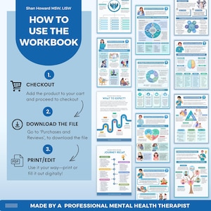 May include: A colorful infographic guide on how to use a mental health workbook. The guide includes instructions on how to checkout, download the file, and print or edit the workbook. The guide also includes a list of topics covered in the workbook, such as "What to Expect?" and "Journey Recap."