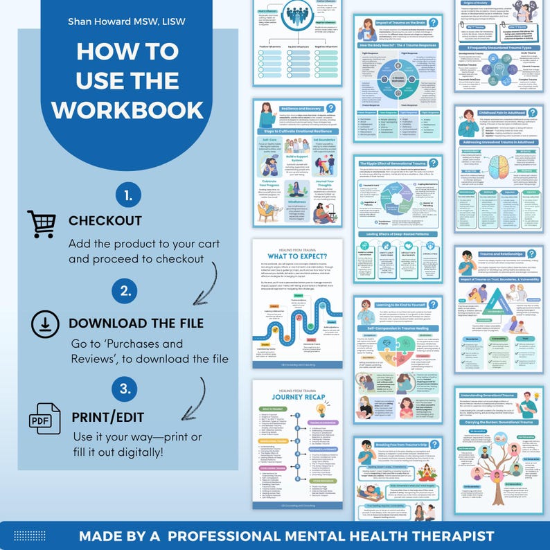 May include: A colorful infographic guide on how to use a mental health workbook. The guide includes instructions on how to checkout, download the file, and print or edit the workbook. The guide also includes a list of topics covered in the workbook, such as "What to Expect?" and "Journey Recap."