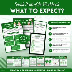 K&ouml;nnte beinhalten: Vorschau auf ein Arbeitsbuch mit dem Titel "Sneak Peak of the Workbook: What to Expect?". Das Bild zeigt Seiten zum Thema Zuh&ouml;ren mit Empathie, Kommunikation und einem H&ouml;rplan. Das Arbeitsbuch hat &uuml;ber 50 Seiten und wurde von einem professionellen Therapeuten f&uuml;r psychische Gesundheit erstellt.