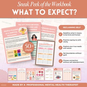 Puede incluir: Un cuaderno de trabajo titulado "WHAT TO EXPECT?" con p&aacute;ginas rosas e ilustraciones. El cuaderno de trabajo cubre temas como complacer a la gente, las ra&iacute;ces de la infancia y la recuperaci&oacute;n del yo. Contiene m&aacute;s de 50 p&aacute;ginas y est&aacute; creado por un terapeuta profesional de salud mental.
