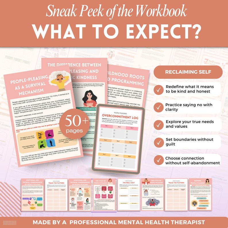 Puede incluir: Un cuaderno de trabajo titulado "WHAT TO EXPECT?" con p&aacute;ginas rosas e ilustraciones. El cuaderno de trabajo cubre temas como complacer a la gente, las ra&iacute;ces de la infancia y la recuperaci&oacute;n del yo. Contiene m&aacute;s de 50 p&aacute;ginas y est&aacute; creado por un terapeuta profesional de salud mental.