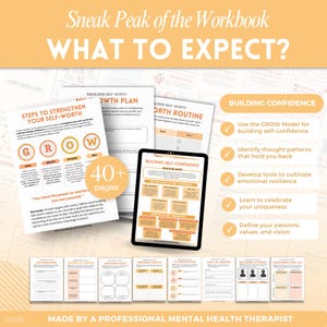 Puede incluir: Una vista previa de un libro de trabajo digital con p&aacute;ginas que incluyen el texto Sneak Peak of the Workbook, WHAT TO EXPECT y BUILDING CONFIDENCE. El dise&ntilde;o incluye un diagrama del modelo GROW, hojas de autorreflexi&oacute;n y una insignia de 40+ pages.