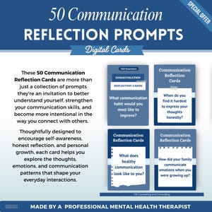 May include: A set of 50 Communication Reflection Prompts digital cards featuring blue and white rectangular designs. The cards display text including "What communication habit would you most like to improve?" and "How did your family communicate emotions?"