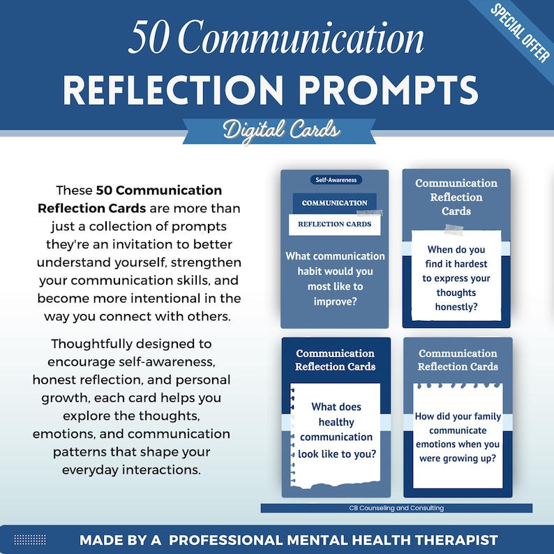 May include: A set of 50 Communication Reflection Prompts digital cards featuring blue and white rectangular designs. The cards display text including "What communication habit would you most like to improve?" and "How did your family communicate emotions?"