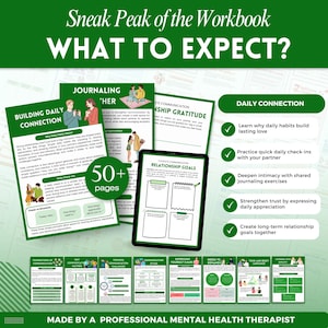 K&ouml;nnte beinhalten: Vorschau auf ein Arbeitsbuch mit dem Titel "Sneak Peak of the Workbook: What to Expect?" Das Bild zeigt Seiten mit Titeln wie "Building Daily Connection" und "Relationship Goals". Das Arbeitsbuch hat &uuml;ber 50 Seiten und wurde von einem professionellen Therapeuten f&uuml;r psychische Gesundheit erstellt.