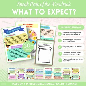 Puede incluir: Un cuaderno de trabajo titulado "WHAT TO EXPECT?" con p&aacute;ginas sobre la exploraci&oacute;n de las emociones, que incluye una rueda de emociones y actividades. El cuaderno ense&ntilde;a a los ni&ntilde;os sobre los sentimientos, con m&aacute;s de 50 p&aacute;ginas. El texto incluye "LEARNING FEELINGS" y "DRAW YOUR FEELING".