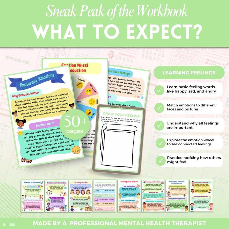 Puede incluir: Un cuaderno de trabajo titulado "WHAT TO EXPECT?" con p&aacute;ginas sobre la exploraci&oacute;n de las emociones, que incluye una rueda de emociones y actividades. El cuaderno ense&ntilde;a a los ni&ntilde;os sobre los sentimientos, con m&aacute;s de 50 p&aacute;ginas. El texto incluye "LEARNING FEELINGS" y "DRAW YOUR FEELING".