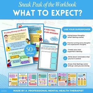 May include: A workbook for children featuring a superhero theme. The cover shows a colorful illustration of a superhero with the text "Sneak Peak of the Workbook" and "What to Expect?" The workbook includes over 50 pages of activities and exercises to help children manage their emotions and build resilience.